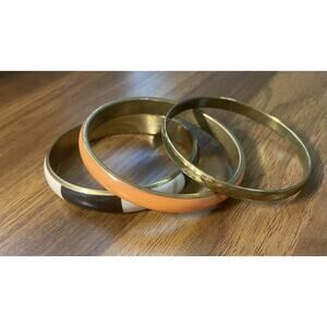 Vintage Set of 3 Black Orange Enamel Hammered Brass Bangle Bracelet Boho Jewelry